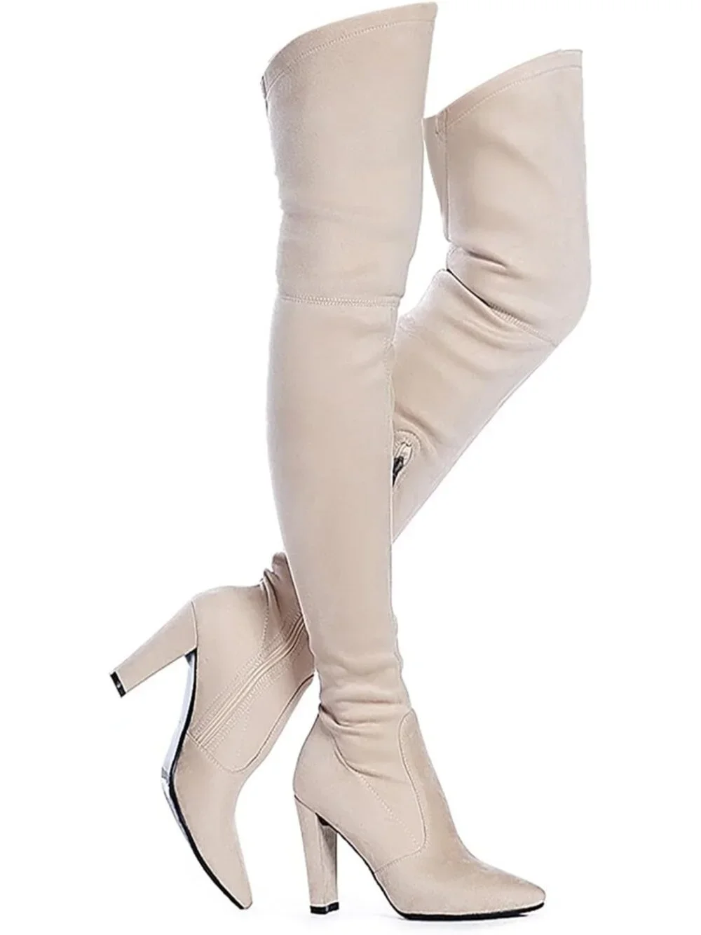 Women's Nude Stretch Suede Chunky Heel Over The Knee Thigh High Boots